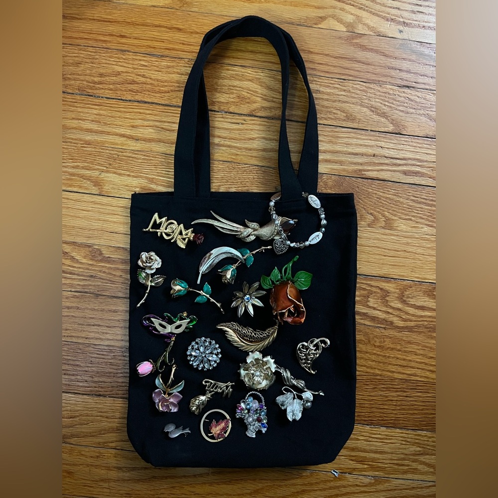 Upcycled Embellished Black Tote Bag with Vintage Pins